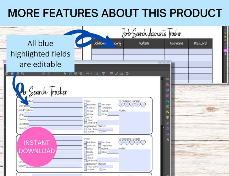 May include: A printable job search tracker with sections for job accounts, job applications, and notes. The tracker has a blue and white color scheme and includes a section for dream job rating.