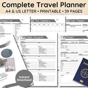 Puede incluir: Un planificador de viajes imprimible de 39 p&aacute;ginas, que incluye secciones para listas de empaque, res&uacute;menes de viajes, planificadores diarios, investigaci&oacute;n de vuelos y presupuestos. El planificador est&aacute; dise&ntilde;ado en blanco y negro con acentos grises y presenta una imagen de pasaporte.