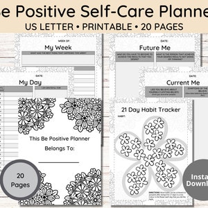 Be Positive Self Care Planner mit Habit Tracker | 20 Seiten | Buchstabengröße | Graustufen Planer zum Ausdrucken