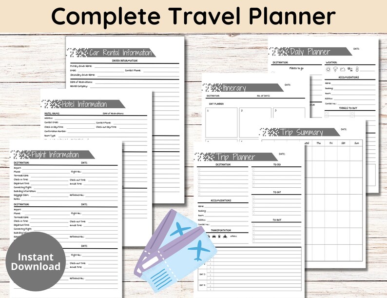 Puede incluir: Un planificador de viajes imprimible con secciones para alquiler de coches, hotel, vuelo, itinerario, planificador diario, planificador de viajes y resumen del viaje. El planificador est&aacute; dise&ntilde;ado en blanco y negro con acentos grises e incluye un peque&ntilde;o icono de avi&oacute;n.