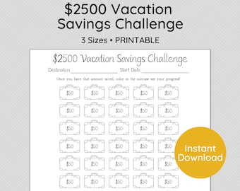 Reto de Ahorro de Vacaciones 2500, Rastreador de Ahorros Imprimible / Tamaño Carta / PDF