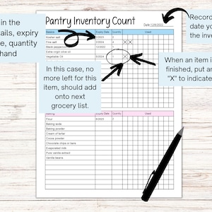 May include: A printable pantry inventory list with a grid for tracking items, quantities, expiry dates, and usage. The list includes basic pantry staples like kosher salt, fine salt, black peppercorns, extra virgin olive oil, and vegetable oil. The list also includes baking soda, baking powder, cream of tartar, cocoa powder, chocolate chips, evaporated milk, pure vanilla extract, and vanilla beans.