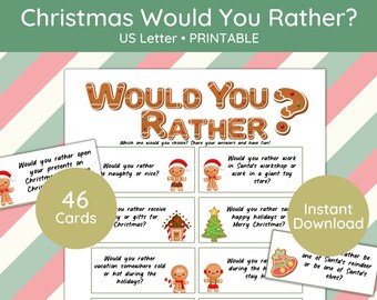 Może przedstawiać: Drukowana gra świąteczna „Would You Rather” z 46 kartami przedstawiającymi piernikowe ludziki, choinki i inne świąteczne obrazy. Karty zadają zabawne pytania, takie jak „Wolałbyś pracować w warsztacie Świętego Mikołaja, czy w ogromnym sklepie z zabawkami?” i „Wolałbyś mieć wesołe święta, czy wesołych świąt Bożego Narodzenia?"