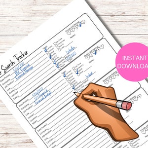 May include: A printable job search tracker with sections for recording job details, including date posted, company, job position, link, contact, location, salary, application status, and dream job rating. The tracker includes checkboxes for job type, source, and application status. The word "Indeed" is written on the tracker.