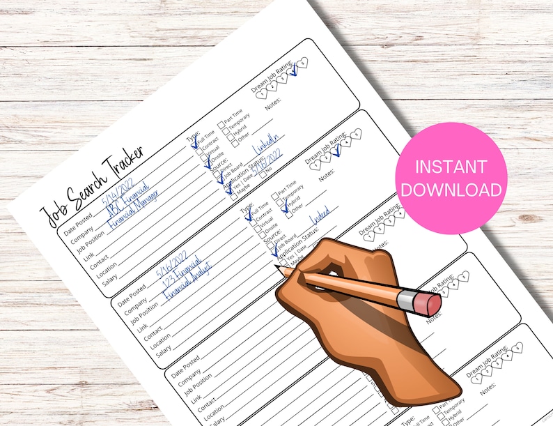 May include: A printable job search tracker with sections for recording job details, including date posted, company, job position, link, contact, location, salary, application status, and dream job rating. The tracker includes checkboxes for job type, source, and application status. The word "Indeed" is written on the tracker.