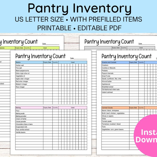 Pantry Inventory Template | Food Inventory | Printable | Editable PDF | Letter Size