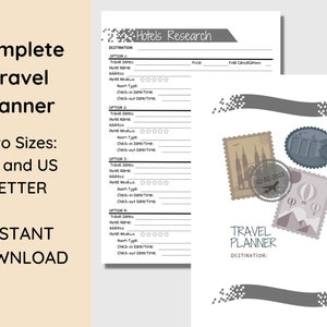 Puede incluir: Un planificador de viajes imprimible con un esquema de color gris y blanco. El planificador incluye secciones para la investigaci&oacute;n de hoteles, fechas de viaje, nombre del hotel, direcci&oacute;n, rese&ntilde;a del hotel, tipo de habitaci&oacute;n, fechas y horas de entrada y salida. El planificador tambi&eacute;n incluye una secci&oacute;n para el destino del planificador de viajes.