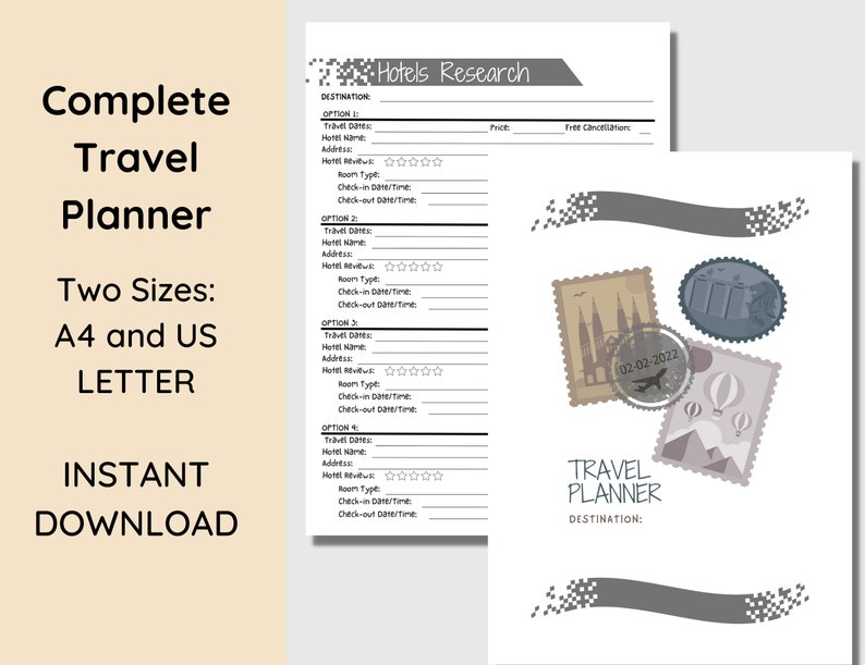 Puede incluir: Un planificador de viajes imprimible con un esquema de color gris y blanco. El planificador incluye secciones para la investigaci&oacute;n de hoteles, fechas de viaje, nombre del hotel, direcci&oacute;n, rese&ntilde;a del hotel, tipo de habitaci&oacute;n, fechas y horas de entrada y salida. El planificador tambi&eacute;n incluye una secci&oacute;n para el destino del planificador de viajes.