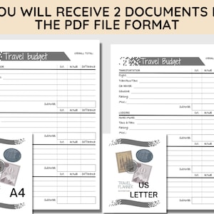 Puede incluir: Dos plantillas de presupuesto de viaje imprimibles en formato PDF. La plantilla de la izquierda est&aacute; etiquetada como "A4" y la plantilla de la derecha como "US Letter". Ambas plantillas tienen secciones para transporte, alojamiento y total general con columnas para estimado, real y diferencia.