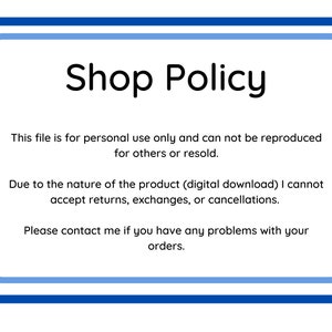 Puede incluir: Un cartel enmarcado azul y blanco con el texto "Shop Policy" en negro. El cartel contiene texto sobre los t&eacute;rminos de uso para descargas digitales, incluida informaci&oacute;n sobre devoluciones, cambios y cancelaciones.