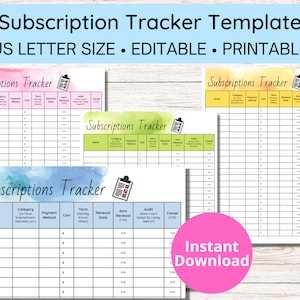 May include: Four printable subscription tracker templates with watercolour backgrounds. Each template has a checklist for tracking name, category, payment method, cost, term, renewal date, auto renewal, audit, and cancel. The text "Instant Download" is in a pink circle at the bottom of the image.