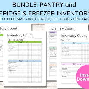 May include: Printable inventory list for a freezer, refrigerator, and pantry. The list includes sections for food items, condiments, and drinks. The list is designed to help you keep track of your food inventory and prevent waste.