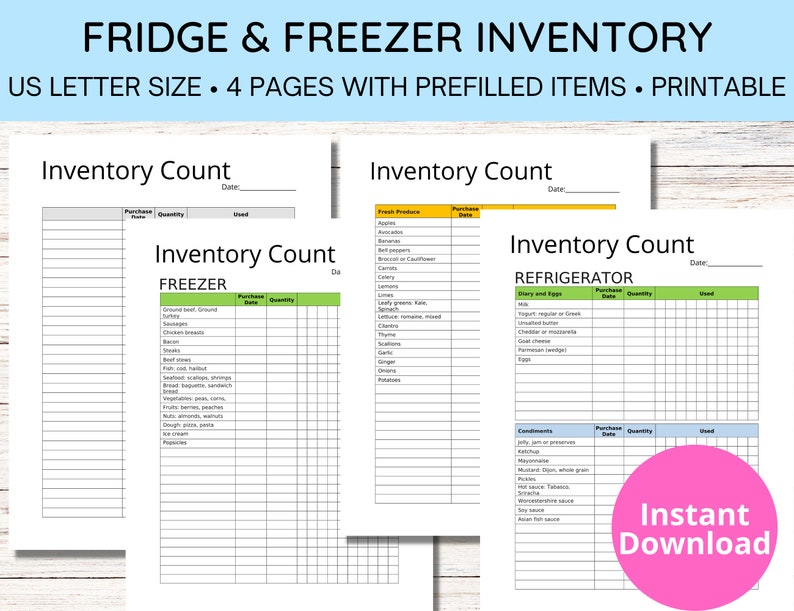 Fridge &amp; Freezer Inventory Template Printable | Food Inventory | Letter ...