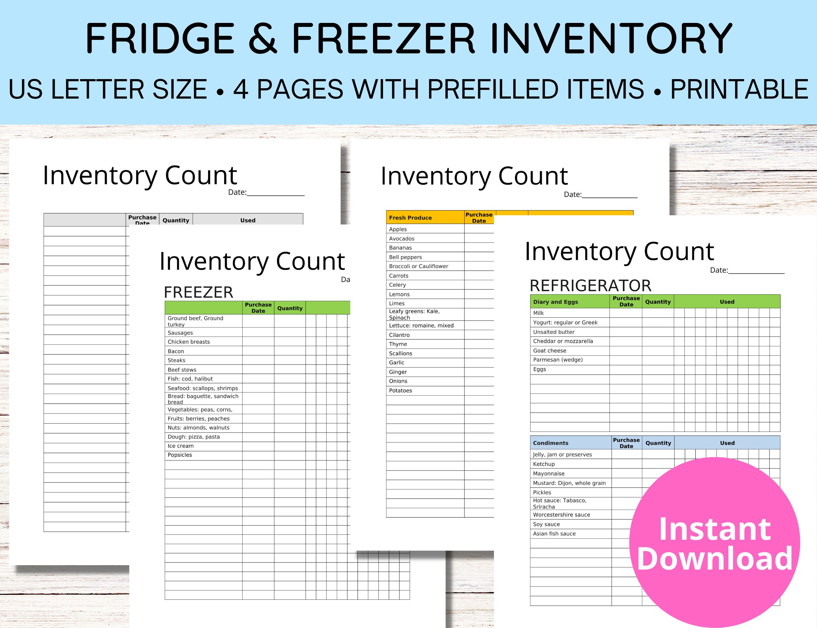 Fridge &amp; Freezer Inventory Template Printable | Food Inventory | Letter ...