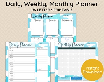 Blue Abstract Undated Planner, Daily, Weekly, Monthly Planner, US Letter Size PDF, Printable Download
