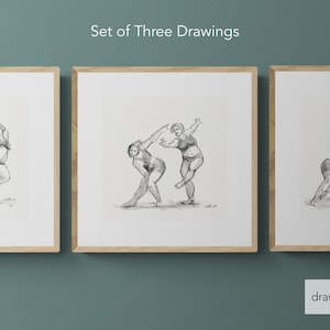 Set of Three Drawings of Dancers, Body Neutrality Prints, Art Body Positivity, Friendship Art, Joyful Dancing Print