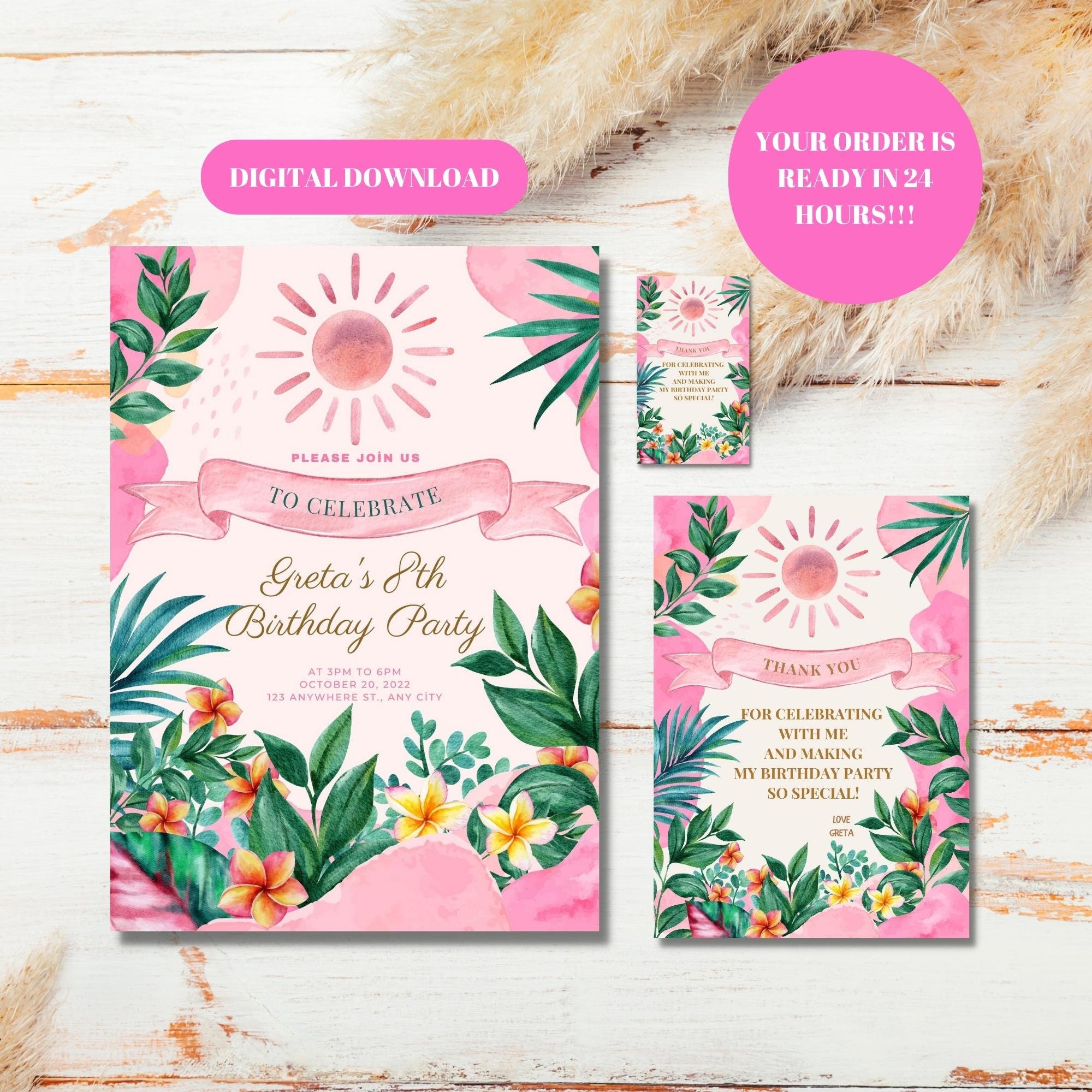 Girl Birthday Party Invitation Printable Tropical Birthday - Etsy