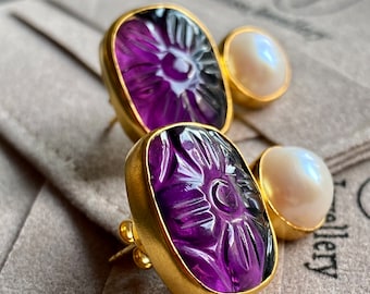 Amethyst Earrings, Amethyst Studs, February Birthstone, Amethyst and Gold, Purple stone earrings, Gold Dainty Earrings, Statement Earrings