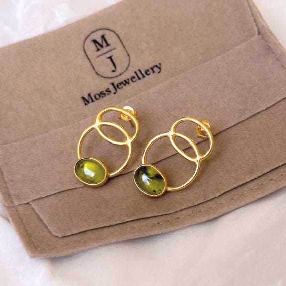 Boucles D'Oreilles Clou En Argent 925 - Pierre Verte - Style Minimaliste - Neuf Sans Emballage