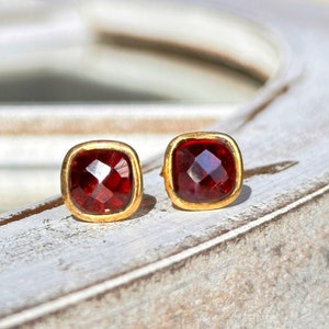 Garnet Stud Earrings, Red Gemstone Earrings, January Birthstone Jewelry, Sterling Silver Earrings, Gold Garnet Gemstone Studs, Gift for Wife