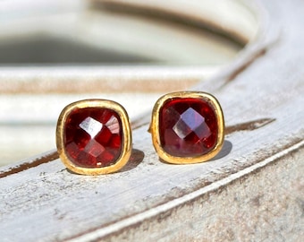 Garnet Stud Earrings, Red Gemstone Earrings, January Birthstone Jewelry, Sterling Silver Earrings, Gold Garnet Gemstone Studs, Gift for Wife