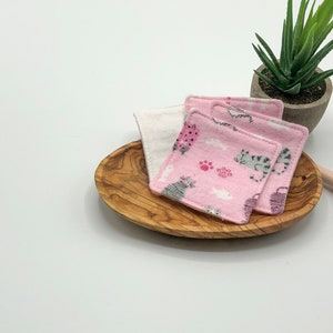 Soft reusable cotton flannel facial squares. washable makeup remover pads, zero waste, eco-friendly, Cats on Pink, set of 10