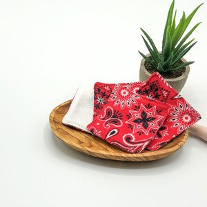 Soft reusable cotton flannel facial squares. washable makeup remover pads, zero waste, eco-friendly, red bandana, set of 10