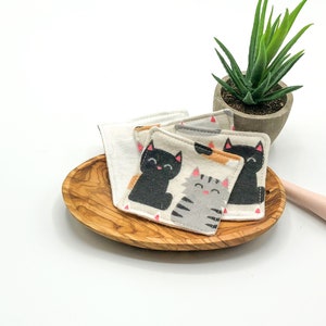 Soft reusable cotton flannel facial squares. washable makeup remover pads, zero waste, eco-friendly, Calico Cats, set of 10