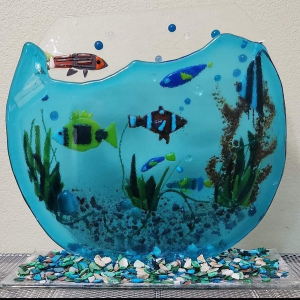 Custom Fused Glass."Come Swim with us 2D, Fish Bowl". Hand Cut and Statically placed COE 96 Fused Glass. Kiln Formed .