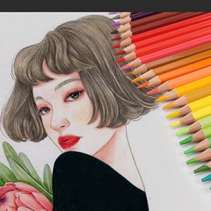 May include: A drawing of a woman with short brown hair, wearing a black shirt and holding a pink flower. The drawing is surrounded by a set of coloured pencils.