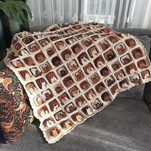 Crochet Cat Blanket with 100 Square Motifs, Crochet Baby Blanket, Crochet Throw Blanket Cat Blanket for Cat Lovers, Muslin Fabric Back Side