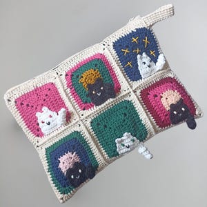 手作り猫のスクエアメイクアップバッグ - ファスナー付き、防水、多機能ペンケース、かぎ針編みメイクアップバッグ、猫好きの方へのギフト、彼女へのギフト