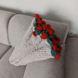 Handmade Crochet Red Rose Bouquet Blanket: Floral Velvet Throw