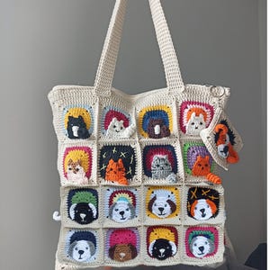 Sac au crochet avec motifs de chats et de chiens, Sac tricoté à la main avec des motifs mélangés de chats et de chiens, Sac à motifs de chats et de chiens, Sac à bandoulière au crochet