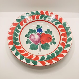 Vintage Ceramic Hungarian Folk Art Shallow Bowl Display or Hang - White with Hand Painted Florals in Vivid Orange Green Purple Blue 9&quot;