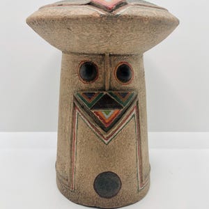 Unique Clay Pottery Vase Vessel Candle Holder Mexico Southwestern Style with Painted Face 7&quot;H
