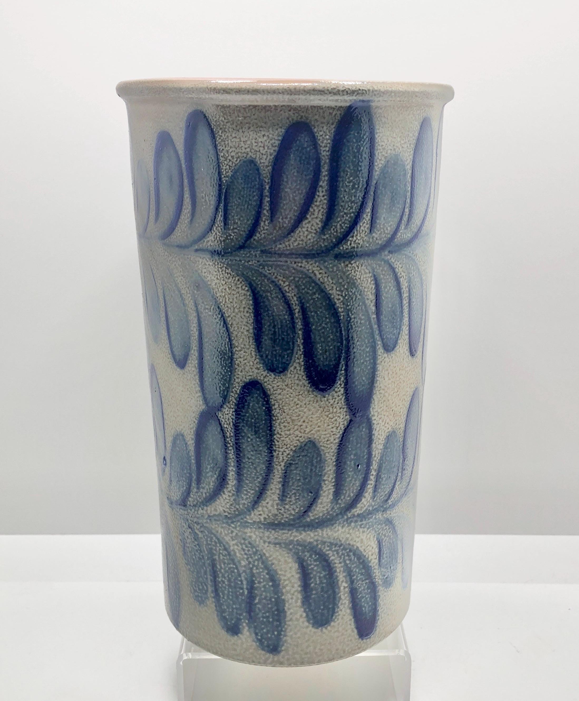 Vintage 1994 BBP Salt Glazed Utensil Crock or Vase Gray and Blue 7.5”h