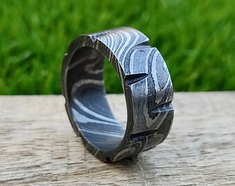 Damascus Steel Wedge Cut Ring Custom Made Band Damascus Ring Bad boys rings Bad boys Bands Handmade Jewelry Custom Rings for All Events