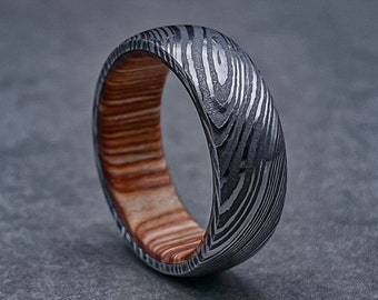 Damascus Steel Whiskey Barrel Ring Wood Damascus Steel Ring Man Ring Wood Sleeve Ring Man Wedding Ring Engagement Ring Men Gift Promise Ring
