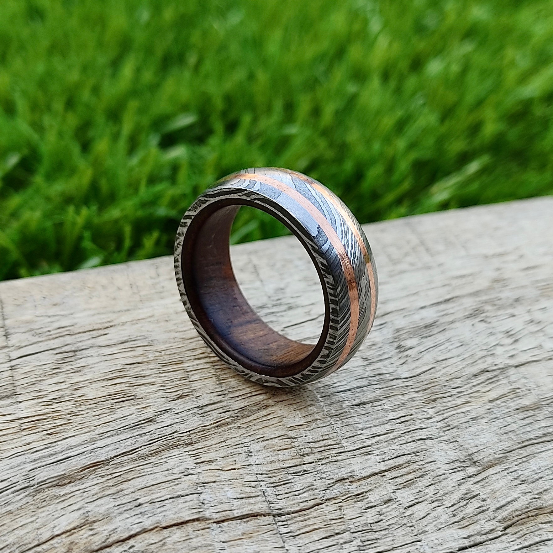 Damascus Ring Damascus Band Inlayed With Copper Wood / Etsy