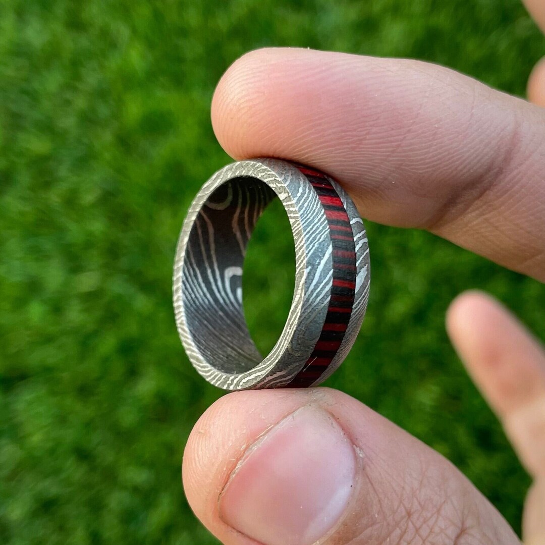 Hand Forged Unique Damascus Steel Ring Band Inlayed With Hardwood