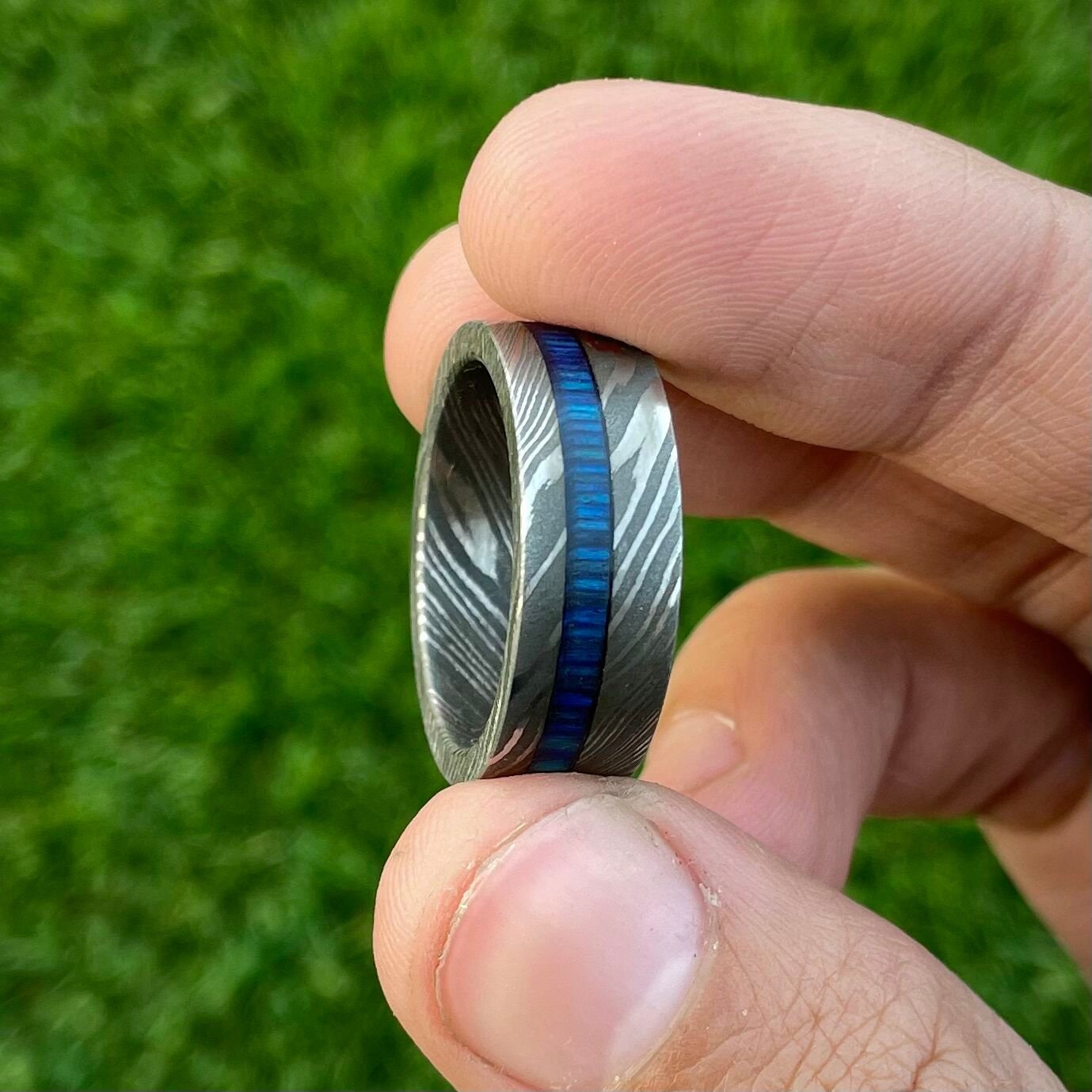 Hand Forged Unique Damascus Steel Ring Band Inlayed With Hardwood