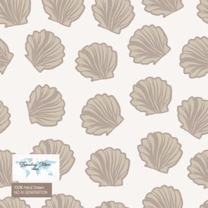 May include: A repeating pattern of beige seashells on a cream background. The seashells are hand-drawn with a textured appearance. The image includes the text "Traveling Mom Design" and "100% Hand Drawn NO AI GENERATION".