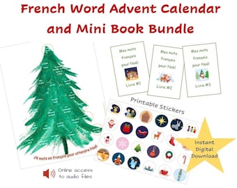 Puede incluir: Un calendario de adviento navideño francés con una ilustración de acuarela de un árbol de Navidad y 24 círculos numerados. El calendario incluye tres mini libros con el texto "Mes mots français pour Noël" y una hoja de pegatinas imprimibles con imágenes de temática navideña. El texto "Descarga digital instantánea" está en una estrella amarilla.