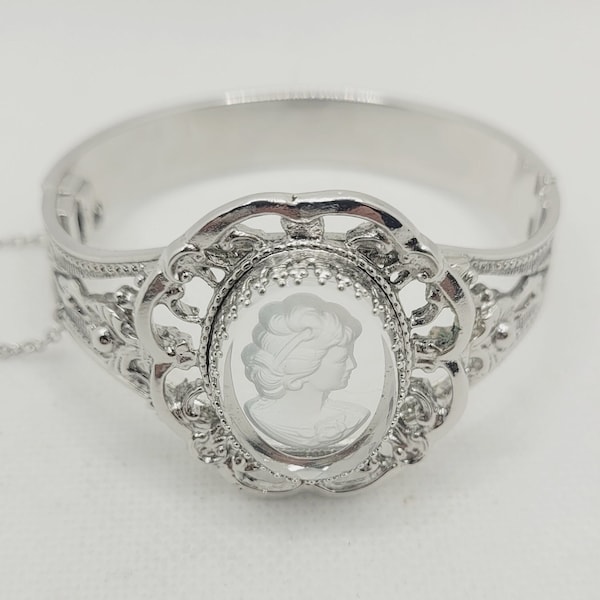 Whiting & Davis Silver Tone Clear Glass Reverse Intaglio Cameo Hinged Bracelet