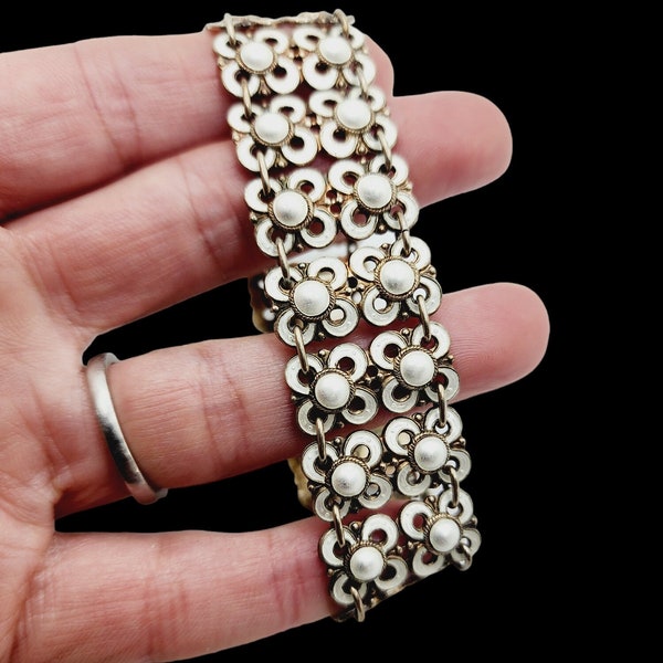 DAVID ANDERSEN, Norway, gold washed sterling bracelet with glass pearls and black guilloche enameling,