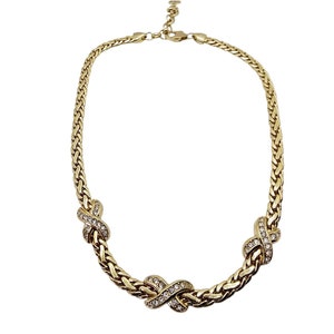 Vintage Christian Dior Signed  Gold Plated  X Link Crystals Set Omega Necklace  Necklace Choker