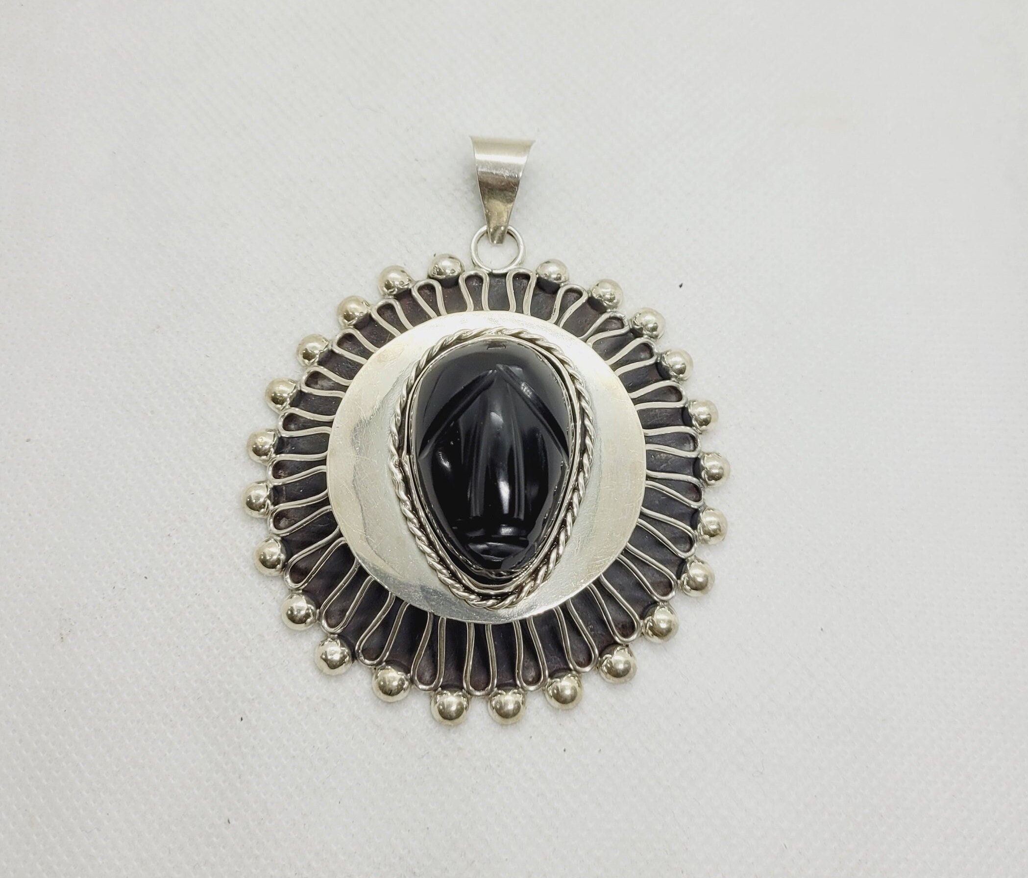 Art Deco MEXICAN carved black onyx aztec mask face Sterling