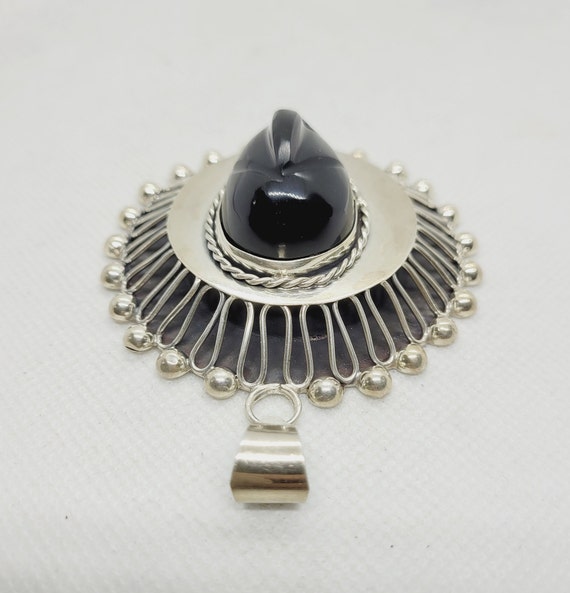 Art Deco MEXICAN carved black onyx aztec mask face Sterling