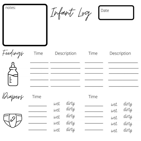 Infant Log Sheet, Babysitter info sheet, feeding tracking, Newborn document, Newborn tracker, Baby Log Template